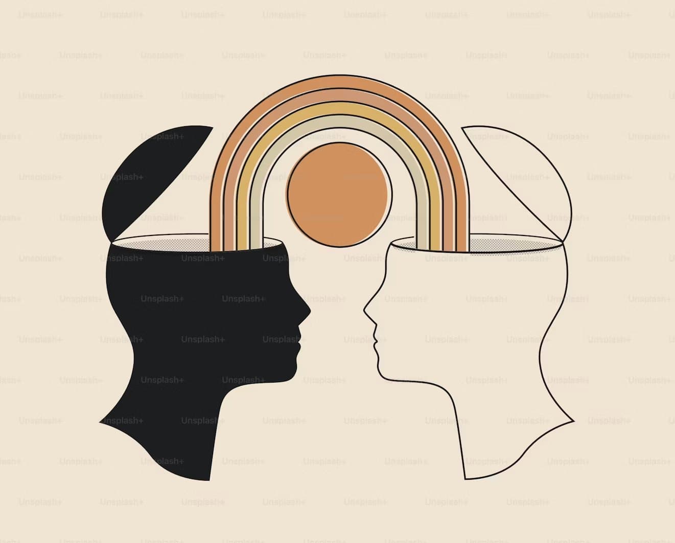 Two profile heads opening up to a rainbow